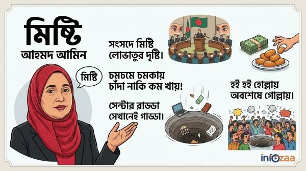 ফেরদৌসী আহমেদ মিষ্টির কার্টুন ছবিসহ আহমদ আমিনের রাজনৈতিক ব্যঙ্গাত্মক 'মিষ্টি' ছড়ার ল্যান্ডস্কেপ ব্যানার, সাথে ইনফোজা (infozaa) লোগো