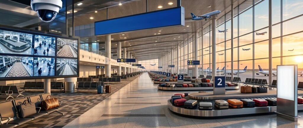 Airport official monitoring baggage on CCTV live screen at Hazrat Shahjalal International Airport arrival lounge