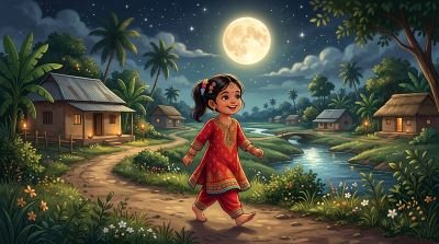 A little Bangladeshi girl in a bright red dress smiling joyfully under the full moon in a serene landscape