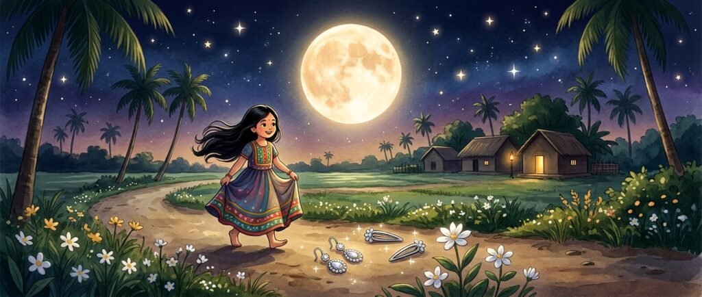 A whimsical watercolor illustration of a young girl in traditional dress with flowing hair, walking barefoot on a flower-lined path under a luminous full moon. In the foreground are stylized earrings and hair clips. The background shows a rural Bengali village with huts and palm trees under a starry night sky.