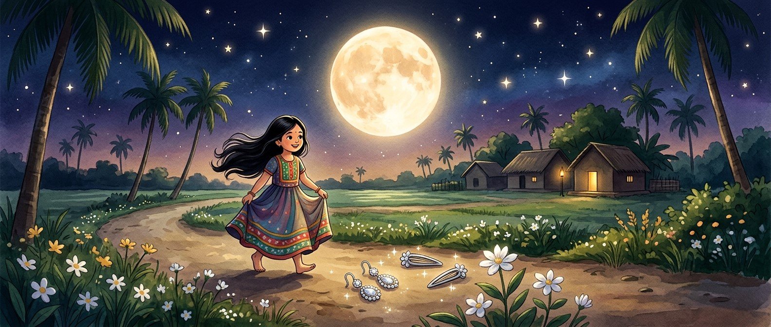 A whimsical watercolor illustration of a young girl in traditional dress with flowing hair, walking barefoot on a flower-lined path under a luminous full moon. In the foreground are stylized earrings and hair clips. The background shows a rural Bengali village with huts and palm trees under a starry night sky.